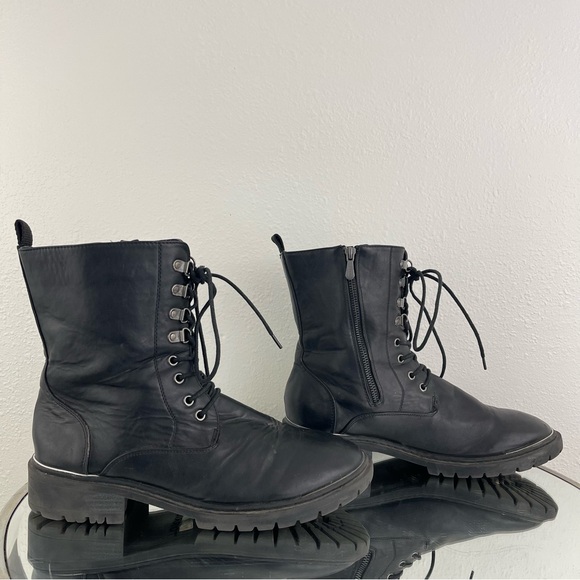 TORRID Black Dark Grey Faux Leather Metal Heel Mid Calf Lace Up Combat Boots - Picture 3 of 14